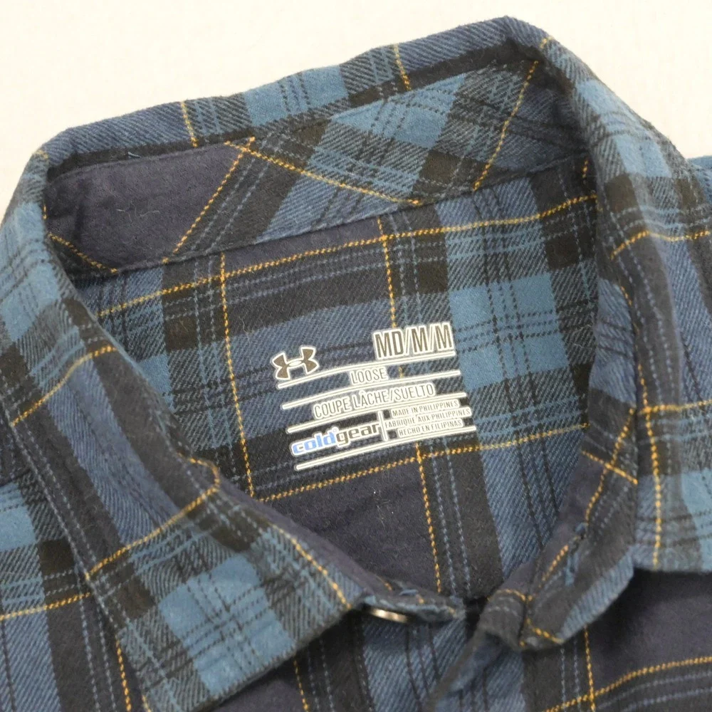 Under Armour Flannel Button Up Mens Medium Loose Blue Plaid ColdGear Pocket